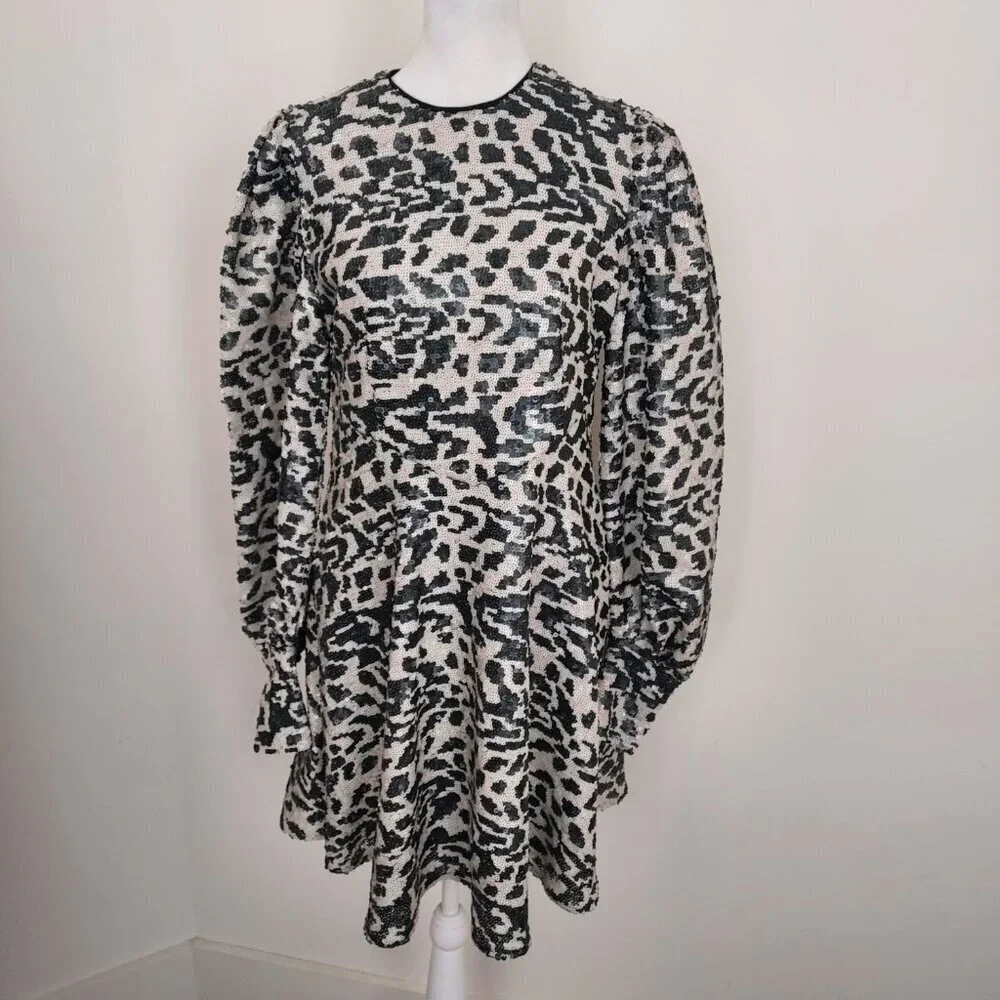 Rotate Birger Christensen Alison Sequin Leopard Puff Sleeve Mini Dress Size 4